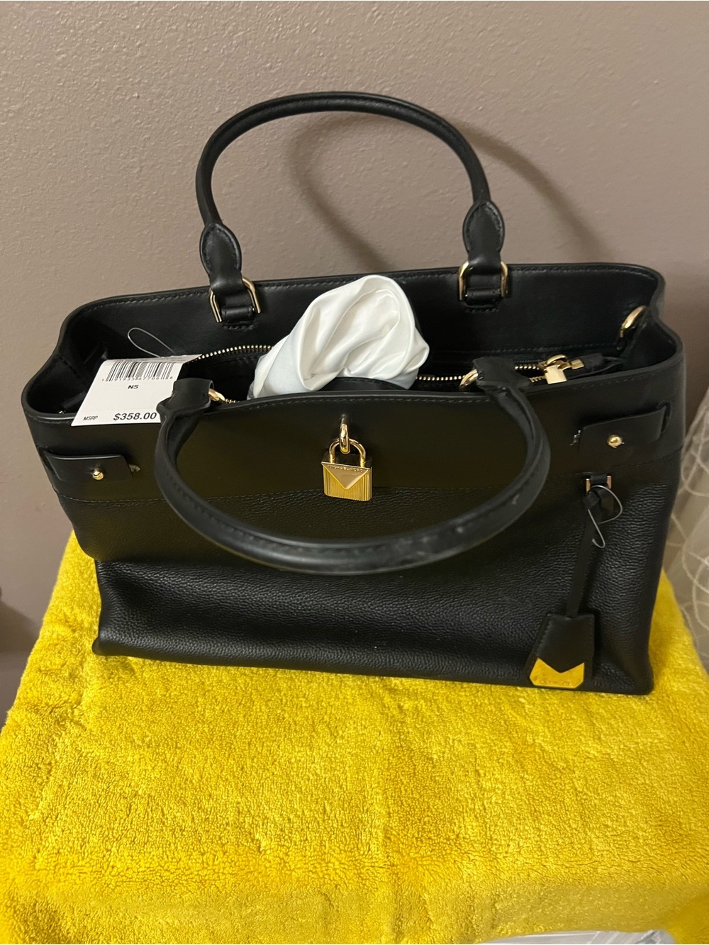 Michael Kors Black Leather Satchel with Gold Lock Hardware